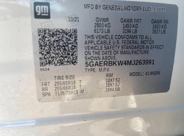5GAERBKW4MJ263991 2021 BUICK ENCLAVE White 