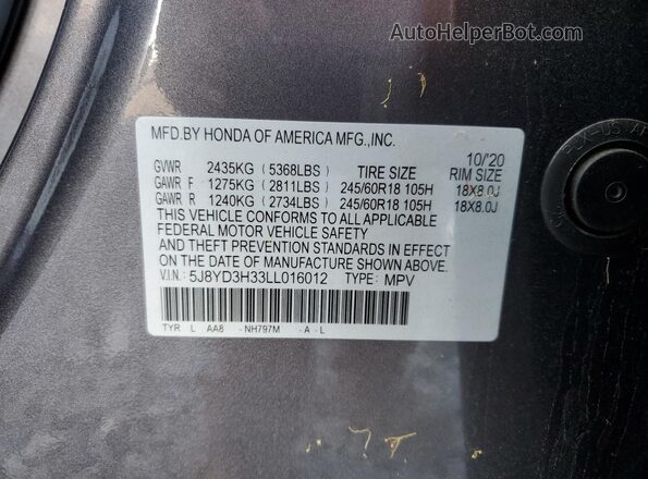 5J8YD3H33LL016012 2020 ACURA MDX Charcoal 