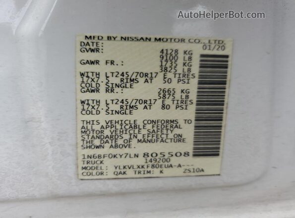 1N6BF0KY7LN805508 2020 NISSAN NV White Widok naklejki z numerem VIN