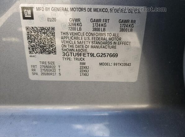 3GTU9FET9LG257669 2020 GMC SIERRA Gray VIN კოდის სტიკერის ხედი