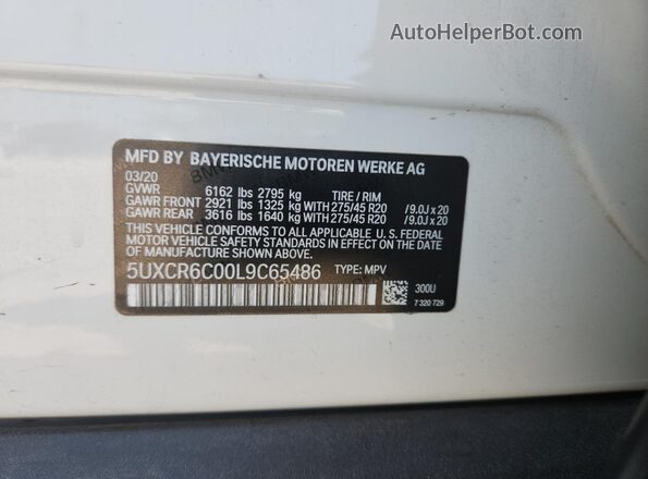 5UXCR6C00L9C65486 2020 BMW X5 White Панорамний вид салону 360°