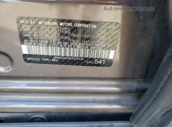 JA4AD2A33KZ026291 2019 MITSUBISHI OUTLANDER Gray VIN sticker view