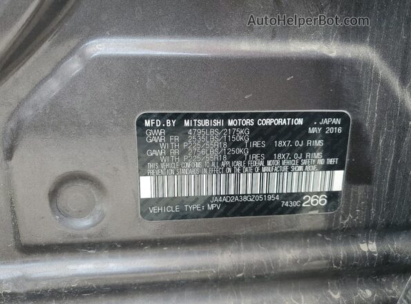 JA4AD2A38GZ051954 2016 MITSUBISHI OUTLANDER Gray Vista de la etiqueta del VIN