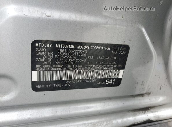 JA4AD3A31LZ039967 2020 MITSUBISHI OUTLANDER Silver VIN კოდის სტიკერის ხედი