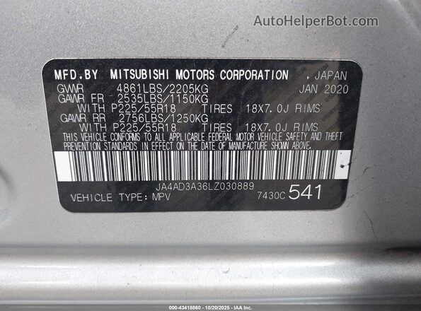 JA4AD3A36LZ030889 2020 MITSUBISHI OUTLANDER Silver Engine compartment view