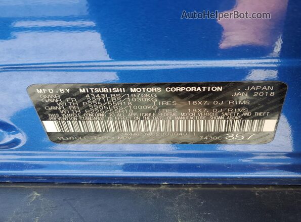 JA4AP3AU2JU004011 2018 MITSUBISHI OUTLANDER Blue 