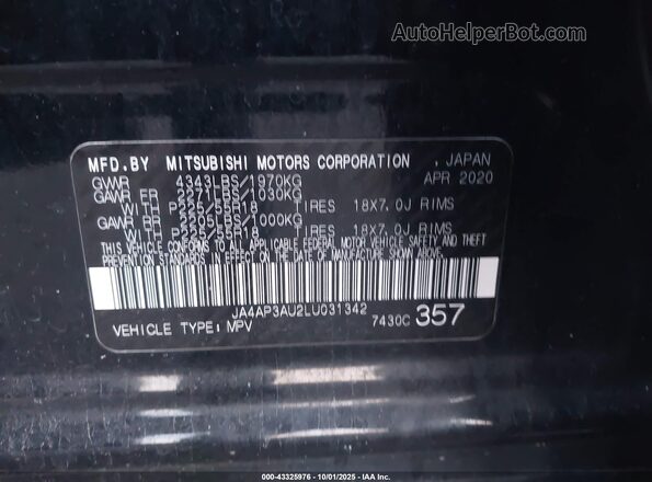 JA4AP3AU2LU031342 2020 MITSUBISHI OUTLANDER SPORT Black Շարժիչի բաժամունքի տեսք