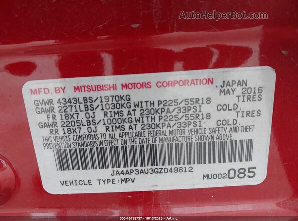 JA4AP3AU3GZ049812 2016 MITSUBISHI OUTLANDER SPORT Red 