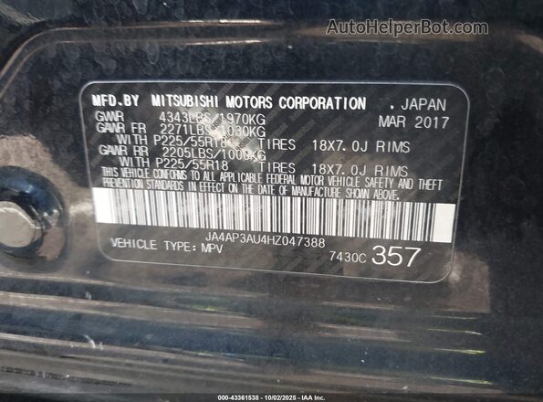 JA4AP3AU4HZ047388 2017 MITSUBISHI OUTLANDER SPORT Black Widok komory silnika
