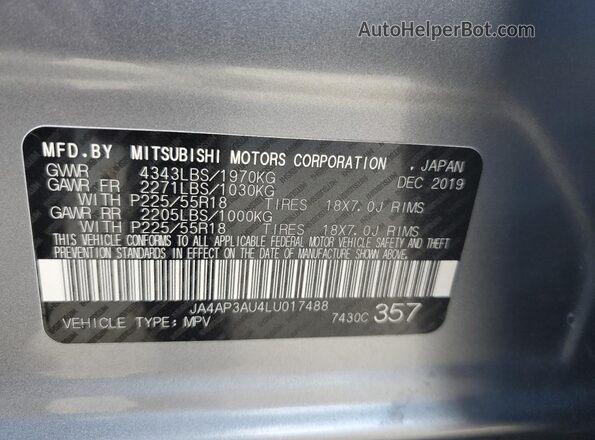 JA4AP3AU4LU017488 2020 MITSUBISHI OUTLANDER Gray Widok naklejki z numerem VIN