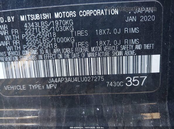 JA4AP3AU4LU027275 2020 MITSUBISHI OUTLANDER SPORT Black Engine compartment view