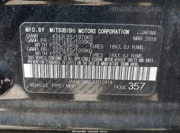 JA4AP3AW2JU012918 2018 MITSUBISHI OUTLANDER SPORT Black 