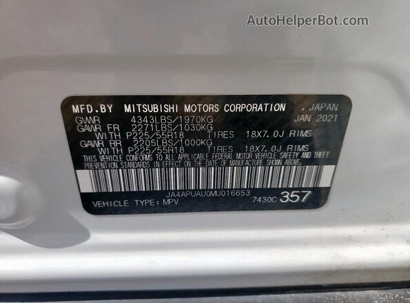 JA4APUAU0MU016653 2021 MITSUBISHI OUTLANDER White Vista de la etiqueta del VIN