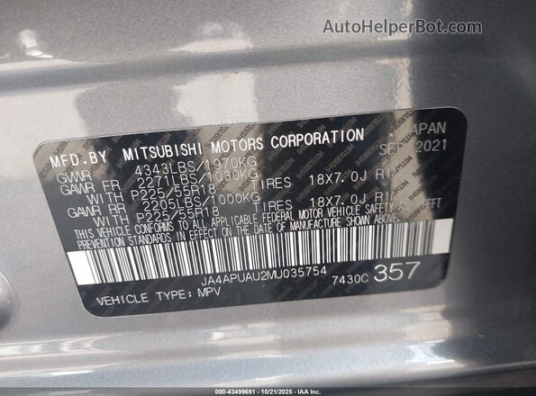 JA4APUAU2MU035754 2021 MITSUBISHI OUTLANDER SPORT Gray Vista del compartimento del motor