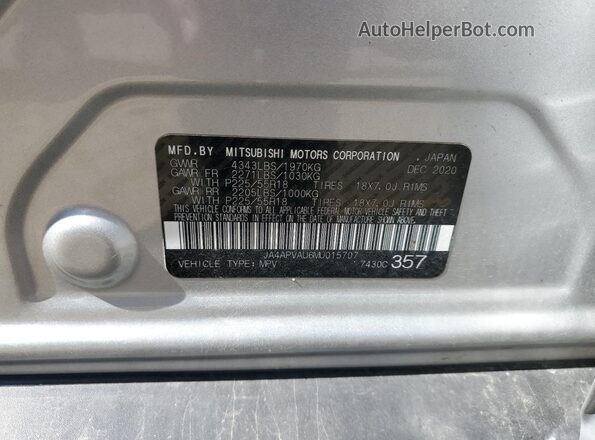 JA4APVAU6MU015707 2021 MITSUBISHI OUTLANDER Silver Vista de la etiqueta del VIN