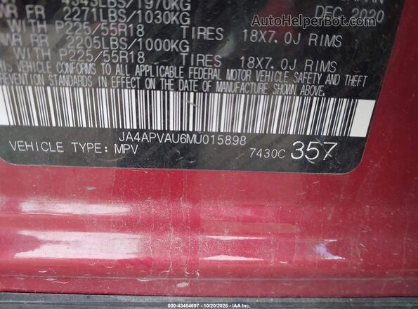JA4APVAU6MU015898 2021 MITSUBISHI OUTLANDER SPORT Red Vista del compartimento del motor