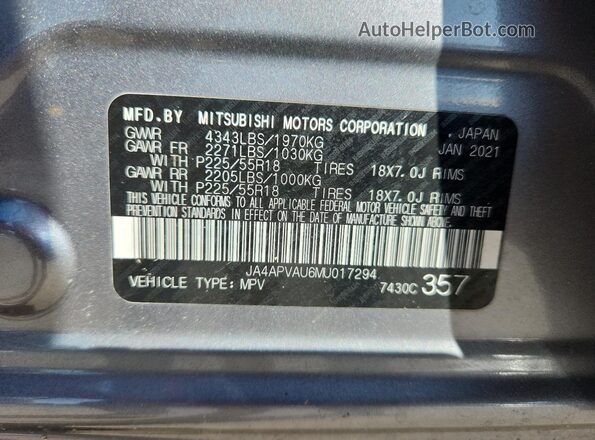 JA4APVAU6MU017294 2021 MITSUBISHI OUTLANDER Серебряный 
