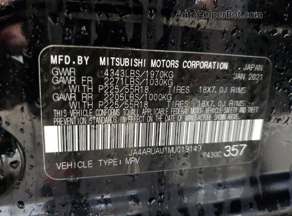 JA4ARUAU1MU019149 2021 MITSUBISHI OUTLANDER Черный Вид наклейки с VIN-кодом