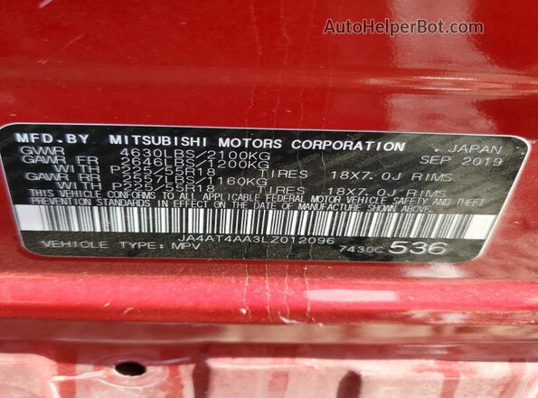 JA4AT4AA3LZ012096 2020 MITSUBISHI ECLIPSE Maroon Vista de la etiqueta del VIN