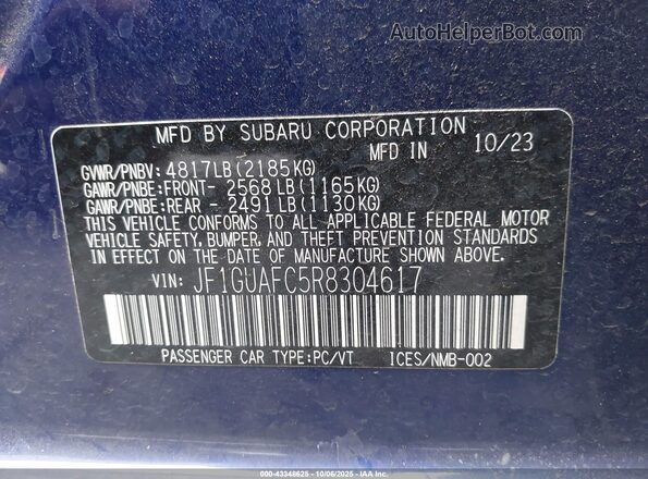 JF1GUAFC5R8304617 2024 SUBARU IMPREZA Blue Engine compartment view