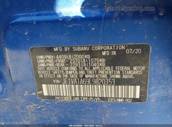 JF1VA1A69L9820353 2020 SUBARU WRX Blue Вид підкапотного простору