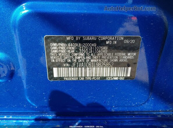 JF1VA1C61L9825852 2020 SUBARU WRX Синий Вид подкапотного пространства