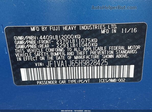 JF1VA1J65H9828425 2017 SUBARU WRX Blue Engine compartment view
