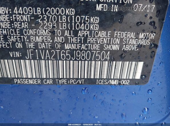 JF1VA2T65J9807504 2018 SUBARU WRX STI Blue 