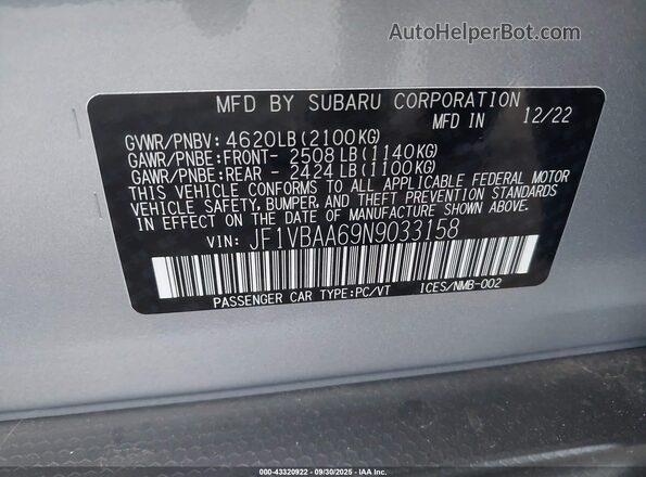 JF1VBAA69N9033158 2022 SUBARU WRX Silver ძრავის განყოფილების ხედი