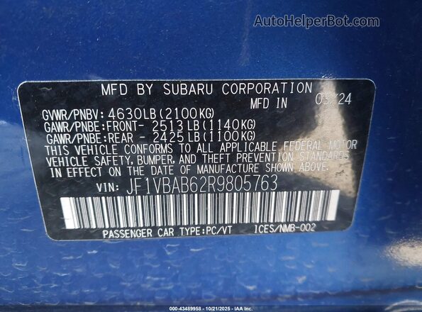 JF1VBAB62R9805763 2024 SUBARU WRX Blue ძრავის განყოფილების ხედი