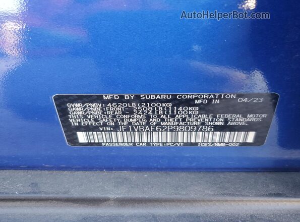 JF1VBAF62P9809786 2023 SUBARU WRX Blue VIN sticker view