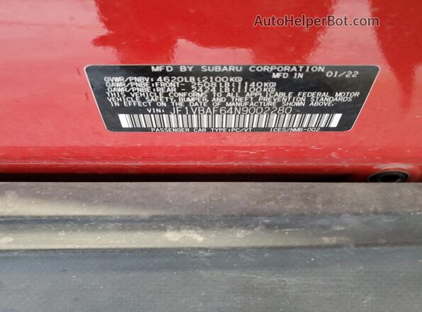 JF1VBAF64N9002280 2022 SUBARU WRX Red 