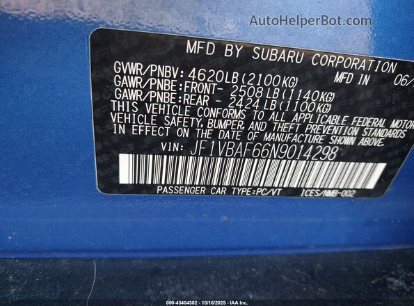 JF1VBAF66N9014298 2022 SUBARU WRX Blue Engine compartment view