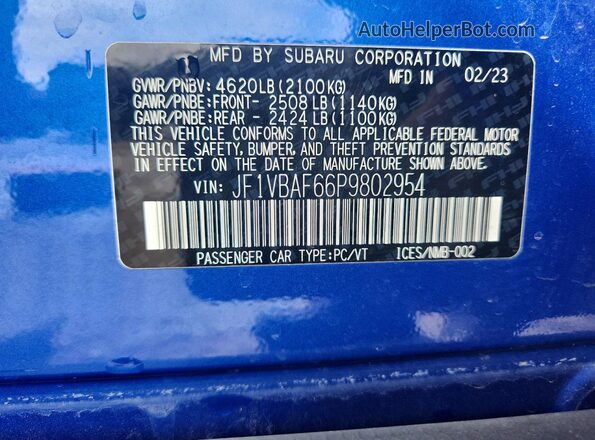 JF1VBAF66P9802954 2023 SUBARU WRX Blue Вид наклейки з VIN-кодом