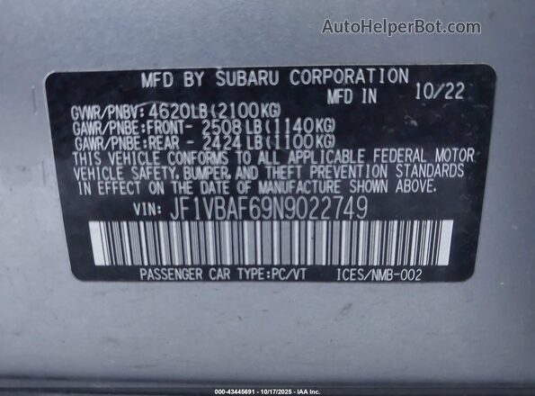 JF1VBAF69N9022749 2022 SUBARU WRX Silver ძრავის განყოფილების ხედი