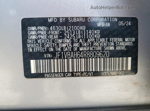 JF1VBAH64R8809620 2024 SUBARU WRX Silver Widok naklejki z numerem VIN
