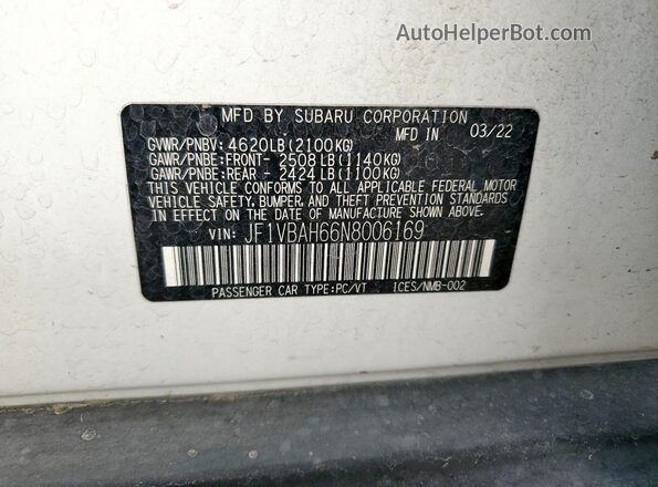 JF1VBAH66N8006169 2022 SUBARU WRX White 