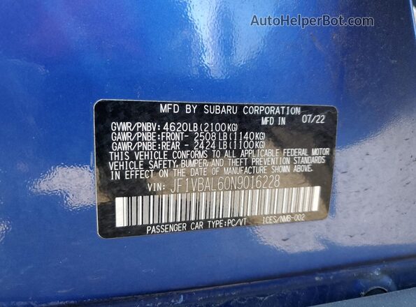 JF1VBAL60N9016228 2022 SUBARU WRX Синий 