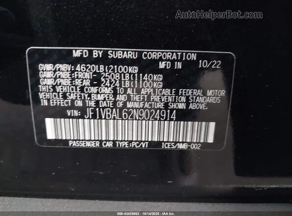 JF1VBAL62N9024914 2022 SUBARU WRX Black Engine compartment view