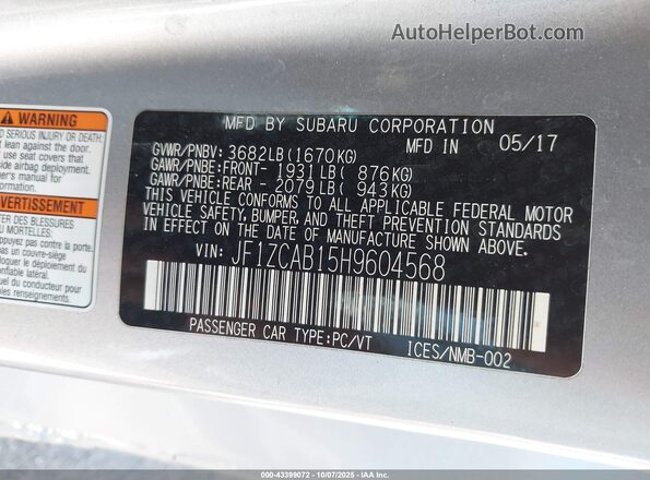 JF1ZCAB15H9604568 2017 SUBARU BRZ Silver Вид підкапотного простору