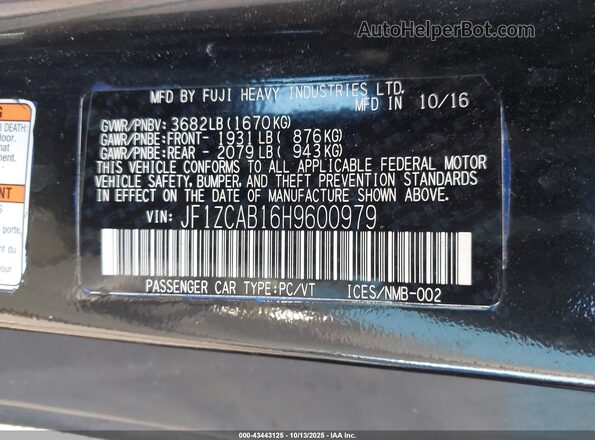 JF1ZCAB16H9600979 2017 SUBARU BRZ Black Engine compartment view