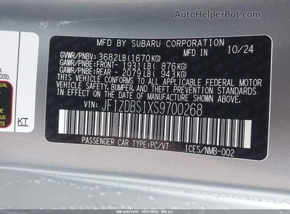 JF1ZDBS1XS9700268 2025 SUBARU BRZ Silver Вид підкапотного простору