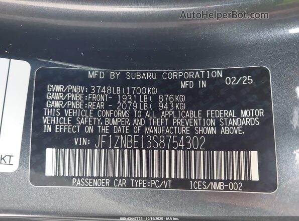 JF1ZNBE13S8754302 2025 TOYOTA GR86 Gray 