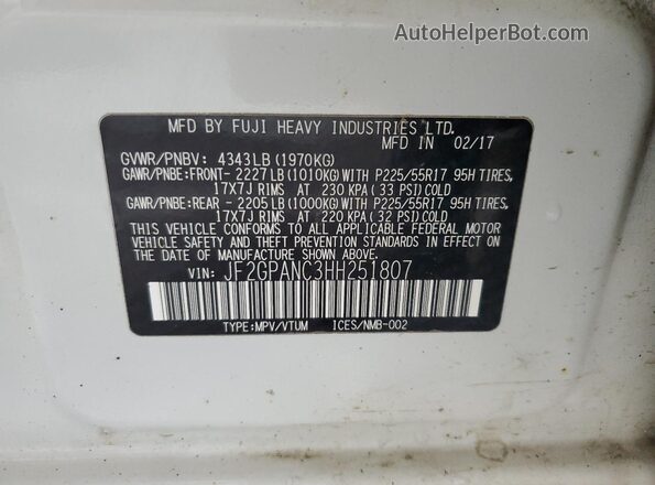 JF2GPANC3HH251807 2017 SUBARU CROSSTREK White ძრავის განყოფილების ხედი
