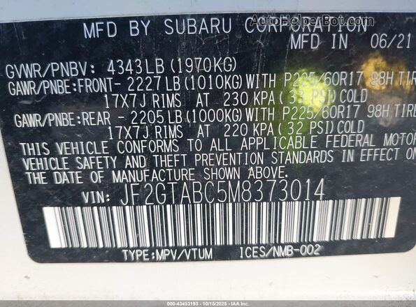 JF2GTABC5M8373014 2021 SUBARU CROSSTREK White Engine compartment view