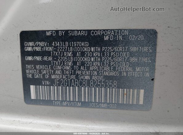 JF2GTABC8L8255358 2020 SUBARU CROSSTREK White Շարժիչի բաժամունքի տեսք