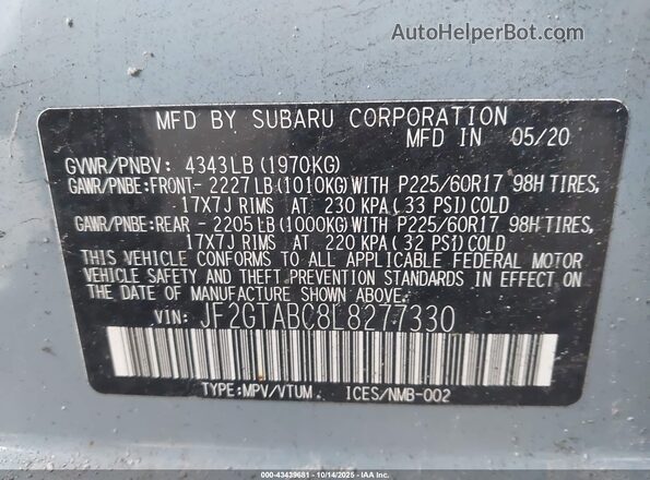JF2GTABC8L8277330 2020 SUBARU CROSSTREK Синий Вид подкапотного пространства