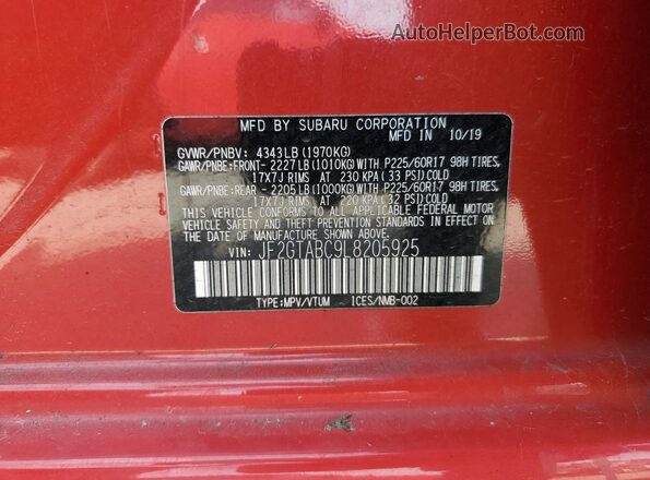 JF2GTABC9L8205925 2020 SUBARU CROSSTREK Red Engine compartment view