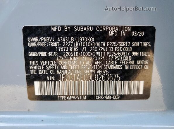 JF2GTAEC0L8263675 2020 SUBARU CROSSTREK Синий Вид наклейки с VIN-кодом