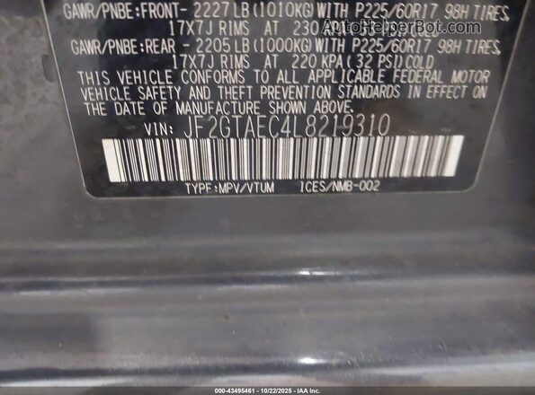 JF2GTAEC4L8219310 2020 SUBARU CROSSTREK Gray Widok komory silnika